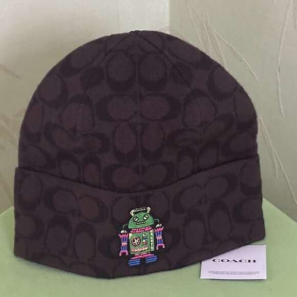 COACH SIGNATURE ROBOT PRINT KNIT BEANIE:NWT WALNUT/MULTI CX132 - Picture 1 of 9